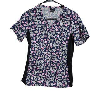 Medgear Scrub Top Womens Size Small Floral Butterfly Print Short Sleeve Medical